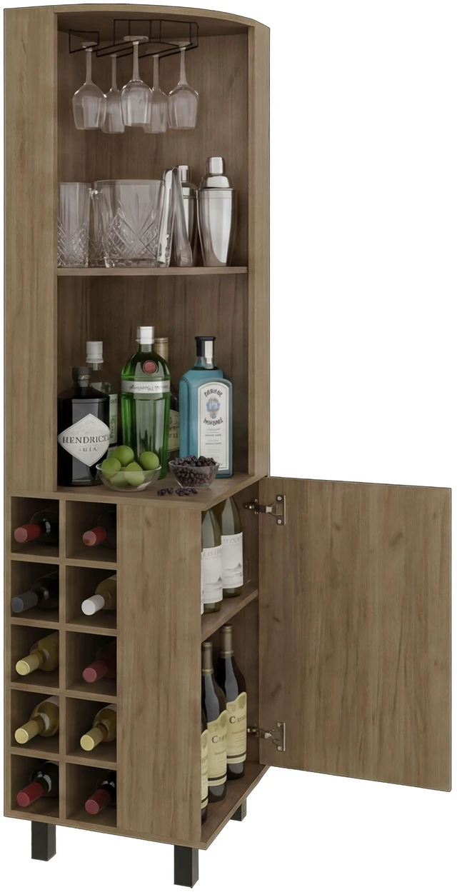 Alt view image 4 of 7 - Corner Bar Cabinet with Wine Cubbies, Stemware Rack and 4 Shelves, Light Oak, Particle Board