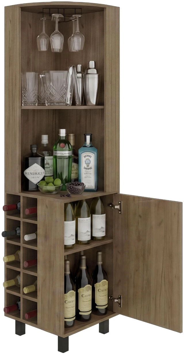 Alt view image 6 of 7 - Corner Bar Cabinet with Wine Cubbies, Stemware Rack and 4 Shelves, Light Oak, Particle Board