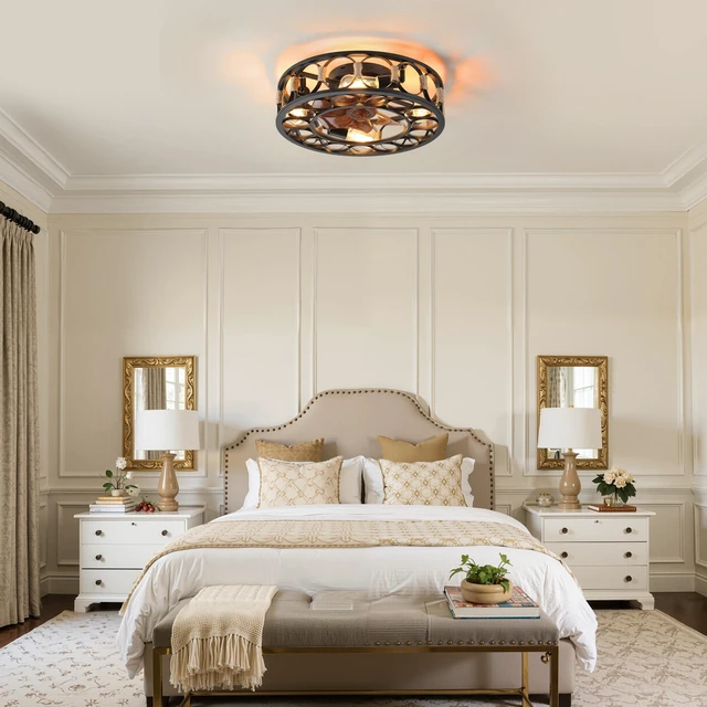 Main image of 20 Inch Caged Flush Mount Ceiling Fan with Lights, Enclosed Metal Cage Fan Speed Reversible with Remote Control