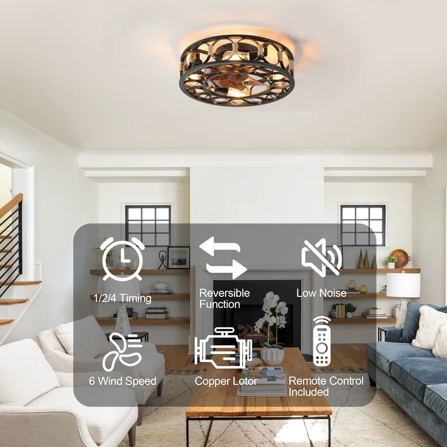 Alt view image 4 of 7 - 20 Inch Caged Flush Mount Ceiling Fan with Lights, Enclosed Metal Cage Fan Speed Reversible with Remote Control