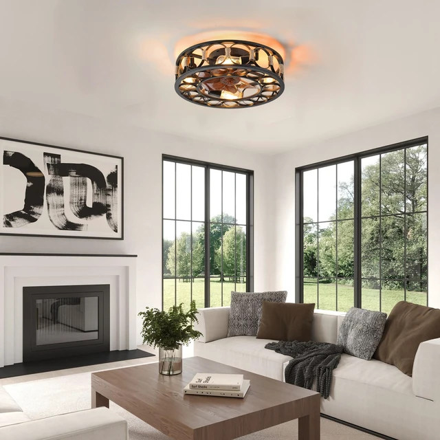 Alt view image 2 of 7 - 20 Inch Caged Flush Mount Ceiling Fan with Lights, Enclosed Metal Cage Fan Speed Reversible with Remote Control