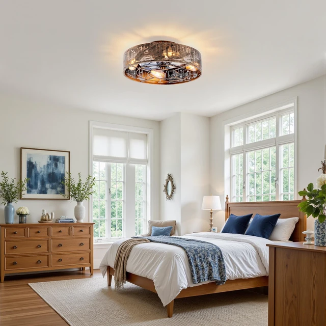 Alt view image 2 of 7 - 20 Inch City Silhouette Caged Flush Mount Ceiling Fan, Iron Art Hollow Carving Enclosed Fan Reversible Motor