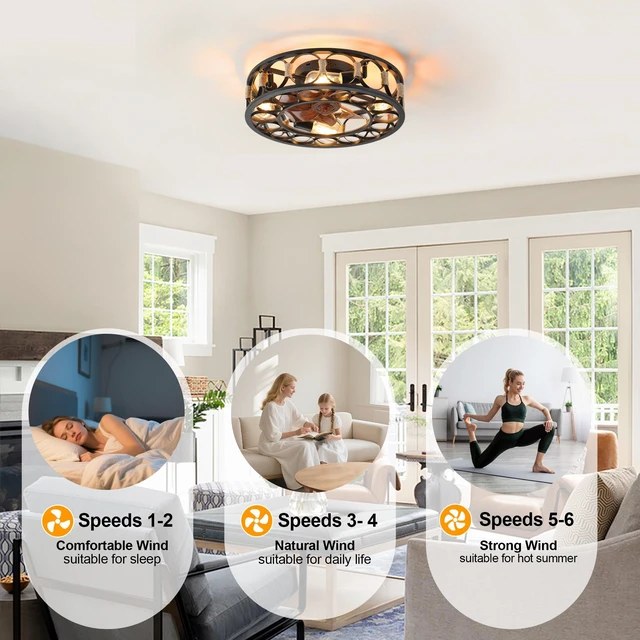 Alt view image 6 of 7 - 20 Inch Caged Flush Mount Ceiling Fan with Lights, Enclosed Metal Cage Fan Speed Reversible with Remote Control