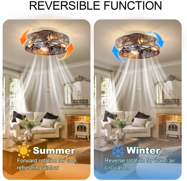 Alt view image 5 of 7 - 20 Inch City Silhouette Caged Flush Mount Ceiling Fan, Iron Art Hollow Carving Enclosed Fan Reversible Motor