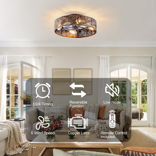 Alt view image 4 of 7 - 20 Inch City Silhouette Caged Flush Mount Ceiling Fan, Iron Art Hollow Carving Enclosed Fan Reversible Motor