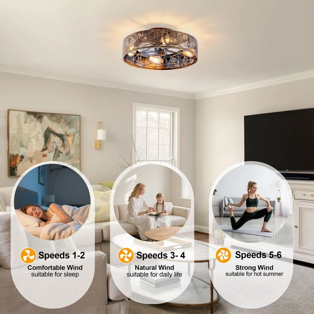 Alt view image 7 of 7 - 20 Inch City Silhouette Caged Flush Mount Ceiling Fan, Iron Art Hollow Carving Enclosed Fan Reversible Motor