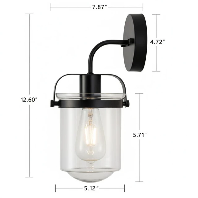 Alt view image 2 of 7 - 1 Light Wall Sconce, Clear Glass Shade Socket Kitchen Sink Fixture Bulb, Black, Glass, Lighting Lamps