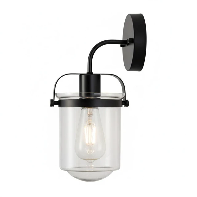 Alt view image 4 of 7 - 1 Light Wall Sconce, Clear Glass Shade Socket Kitchen Sink Fixture Bulb, Black, Glass, Lighting Lamps