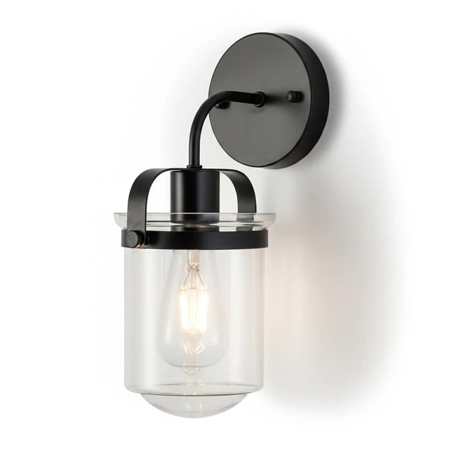 Alt view image 6 of 7 - 1 Light Wall Sconce, Clear Glass Shade Socket Kitchen Sink Fixture Bulb, Black, Glass, Lighting Lamps