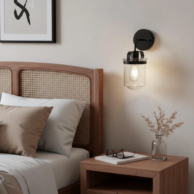 Alt view image 3 of 7 - 1 Light Wall Sconce, Clear Glass Shade Socket Kitchen Sink Fixture Bulb, Black, Glass, Lighting Lamps