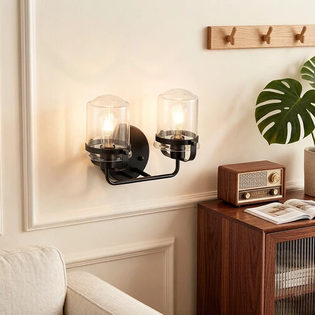 Alt view image 2 of 7 - 2 Light Wall Sconce, Clear Glass Shade Socket Kitchen Sink Lighting Bulb, Black, Glass, Lighting Lamps