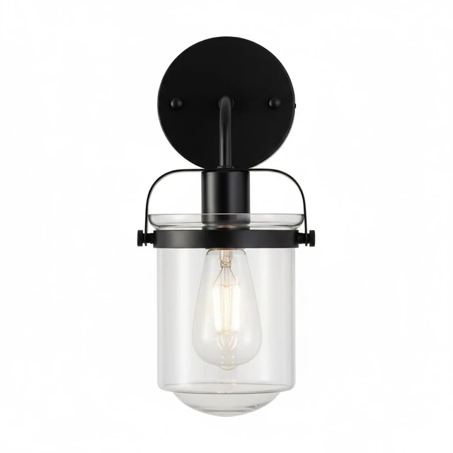 Alt view image 7 of 7 - 1 Light Wall Sconce, Clear Glass Shade Socket Kitchen Sink Fixture Bulb, Black, Glass, Lighting Lamps