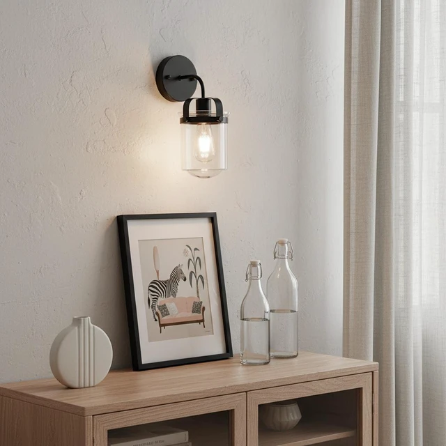 Alt view image 5 of 7 - 1 Light Wall Sconce, Clear Glass Shade Socket Kitchen Sink Fixture Bulb, Black, Glass, Lighting Lamps