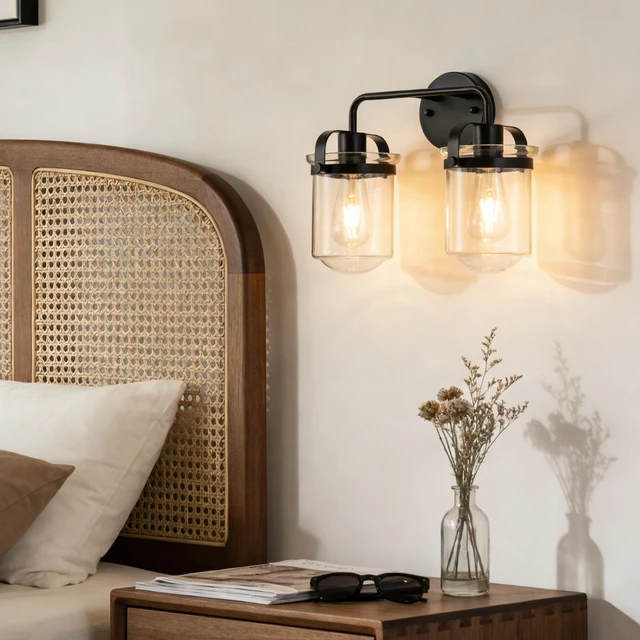 Alt view image 3 of 7 - 2 Light Wall Sconce, Clear Glass Shade Socket Kitchen Sink Lighting Bulb, Black, Glass, Lighting Lamps