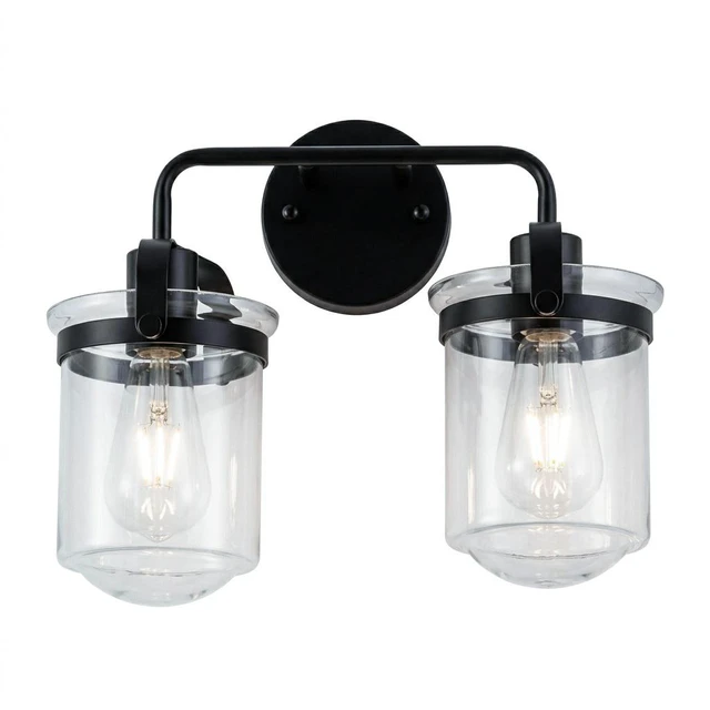Alt view image 5 of 7 - 2 Light Wall Sconce, Clear Glass Shade Socket Kitchen Sink Lighting Bulb, Black, Glass, Lighting Lamps