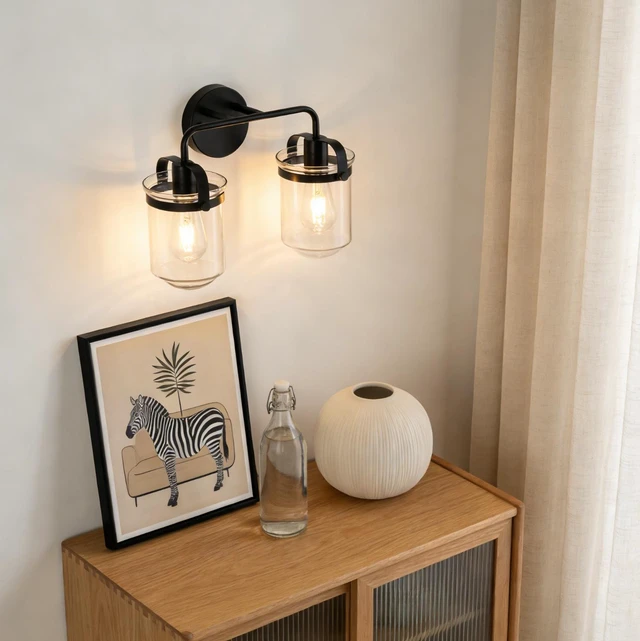 Alt view image 4 of 7 - 2 Light Wall Sconce, Clear Glass Shade Socket Kitchen Sink Lighting Bulb, Black, Glass, Lighting Lamps