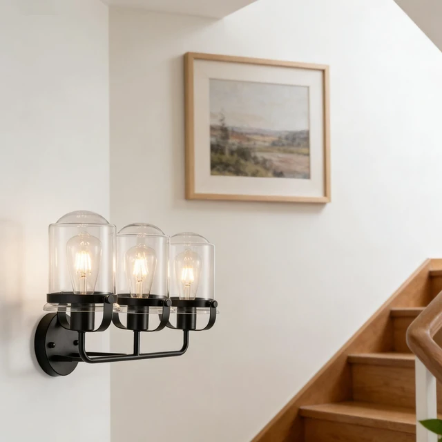 Alt view image 3 of 7 - 3 Light Wall Sconce, Clear Glass Shade Socket for Living Kitchen Sink Bulb, Black, Glass, Lighting Lamps