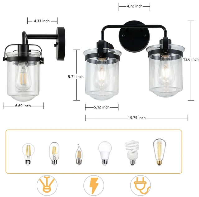Alt view image 6 of 7 - 2 Light Wall Sconce, Clear Glass Shade Socket Kitchen Sink Lighting Bulb, Black, Glass, Lighting Lamps