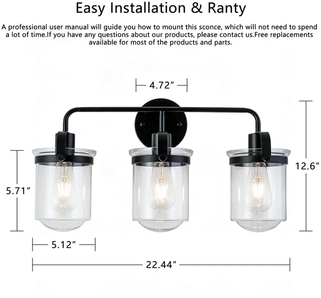 Alt view image 4 of 7 - 3 Light Wall Sconce, Clear Glass Shade Socket for Living Kitchen Sink Bulb, Black, Glass, Lighting Lamps