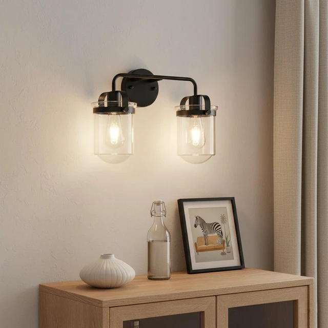 Alt view image 7 of 7 - 2 Light Wall Sconce, Clear Glass Shade Socket Kitchen Sink Lighting Bulb, Black, Glass, Lighting Lamps