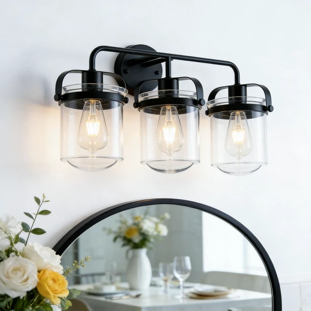 Alt view image 6 of 7 - 3 Light Wall Sconce, Clear Glass Shade Socket for Living Kitchen Sink Bulb, Black, Glass, Lighting Lamps