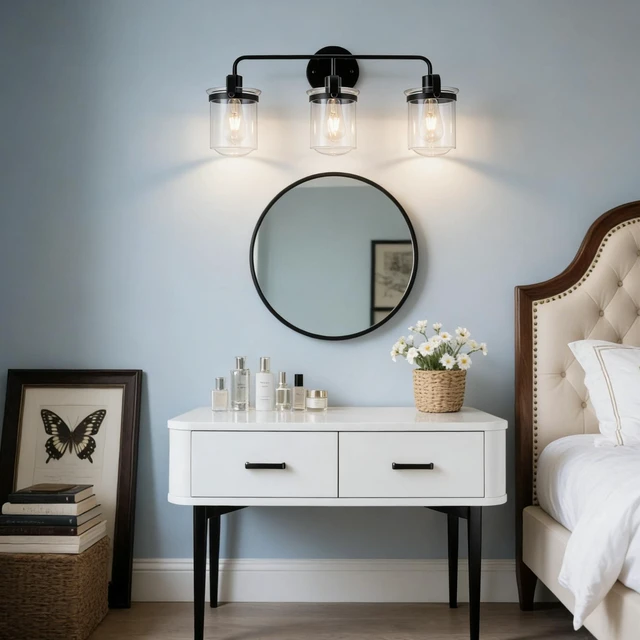 Alt view image 5 of 7 - 3 Light Wall Sconce, Clear Glass Shade Socket for Living Kitchen Sink Bulb, Black, Glass, Lighting Lamps