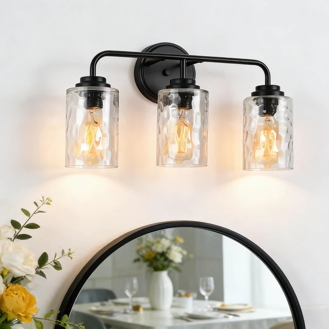 Alt view image 4 of 7 - 3 Light Wall Sconce, Hand Made Clear Glass Glacier Shade Socket Kitchen Fixture Bulb, Black, Glass, Lighting Lamps