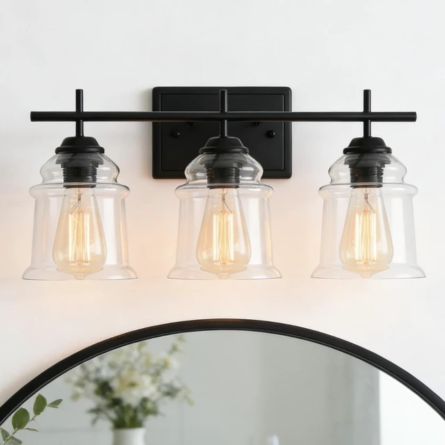 Main image of 3 Light Wall Sconce, Hand Made Clear Glass Satin Shade Socket Living Kitchen Bulb, Black, Glass, Lighting Lamps