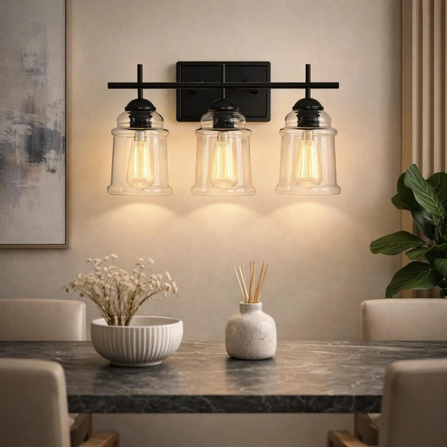Alt view image 2 of 7 - 3 Light Wall Sconce, Hand Made Clear Glass Satin Shade Socket Living Kitchen Bulb, Black, Glass, Lighting Lamps