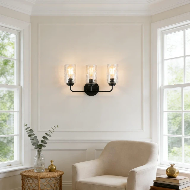 Alt view image 5 of 7 - 3 Light Wall Sconce, Hand Made Clear Glass Glacier Shade Socket Kitchen Fixture Bulb, Black, Glass, Lighting Lamps