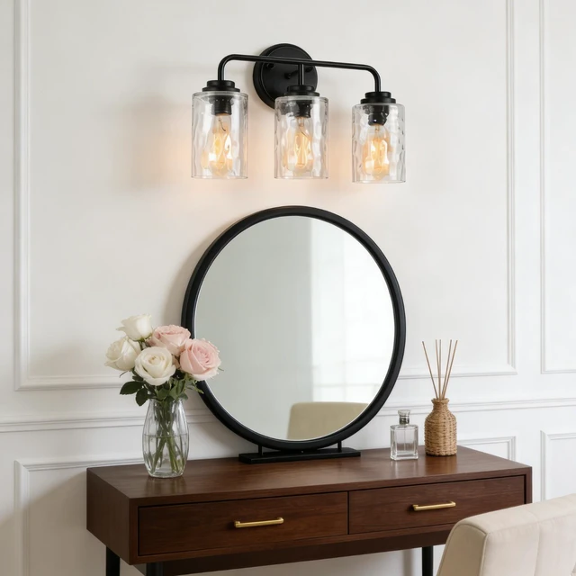 Alt view image 6 of 7 - 3 Light Wall Sconce, Hand Made Clear Glass Glacier Shade Socket Kitchen Fixture Bulb, Black, Glass, Lighting Lamps