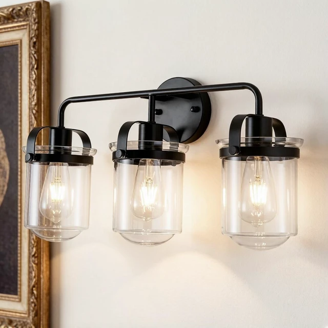Alt view image 7 of 7 - 3 Light Wall Sconce, Clear Glass Shade Socket for Living Kitchen Sink Bulb, Black, Glass, Lighting Lamps