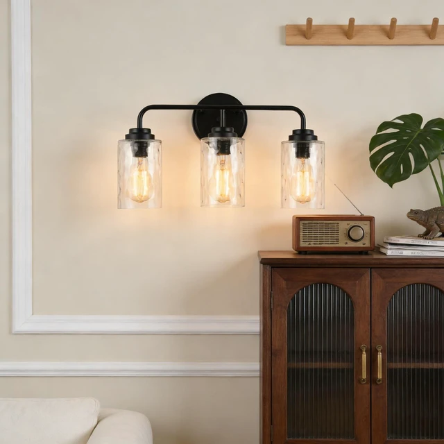 Alt view image 3 of 7 - 3 Light Wall Sconce, Hand Made Clear Glass Glacier Shade Socket Kitchen Fixture Bulb, Black, Glass, Lighting Lamps