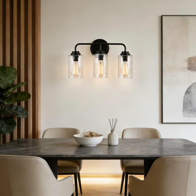 Alt view image 2 of 7 - 3 Light Wall Sconce, Hand Made Clear Glass Glacier Shade Socket Kitchen Fixture Bulb, Black, Glass, Lighting Lamps