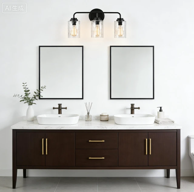 Alt view image 7 of 7 - 3 Light Wall Sconce, Hand Made Clear Glass Glacier Shade Socket Kitchen Fixture Bulb, Black, Glass, Lighting Lamps