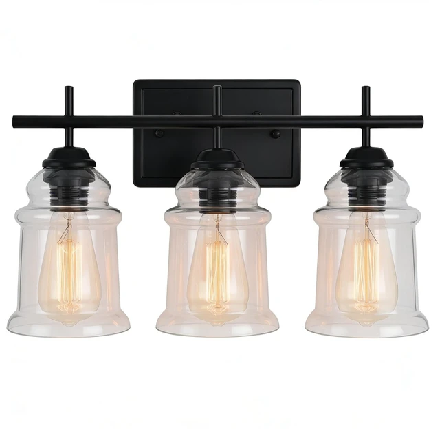 Alt view image 4 of 7 - 3 Light Wall Sconce, Hand Made Clear Glass Satin Shade Socket Living Kitchen Bulb, Black, Glass, Lighting Lamps