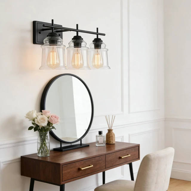 Alt view image 3 of 7 - 3 Light Wall Sconce, Hand Made Clear Glass Satin Shade Socket Living Kitchen Bulb, Black, Glass, Lighting Lamps