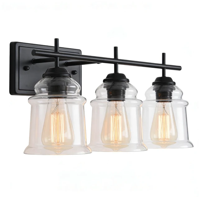Alt view image 7 of 7 - 3 Light Wall Sconce, Hand Made Clear Glass Satin Shade Socket Living Kitchen Bulb, Black, Glass, Lighting Lamps