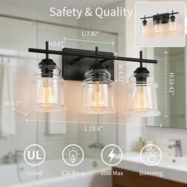 Alt view image 5 of 7 - 3 Light Wall Sconce, Hand Made Clear Glass Satin Shade Socket Living Kitchen Bulb, Black, Glass, Lighting Lamps