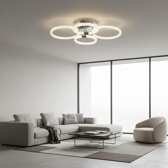 Alt view image 4 of 7 - Heads LED Flush Mount Ceiling, 6 Rings Acrylic Dimmable with Remote for Living Kitchen, Chrome, Glass, Lighting Lamps