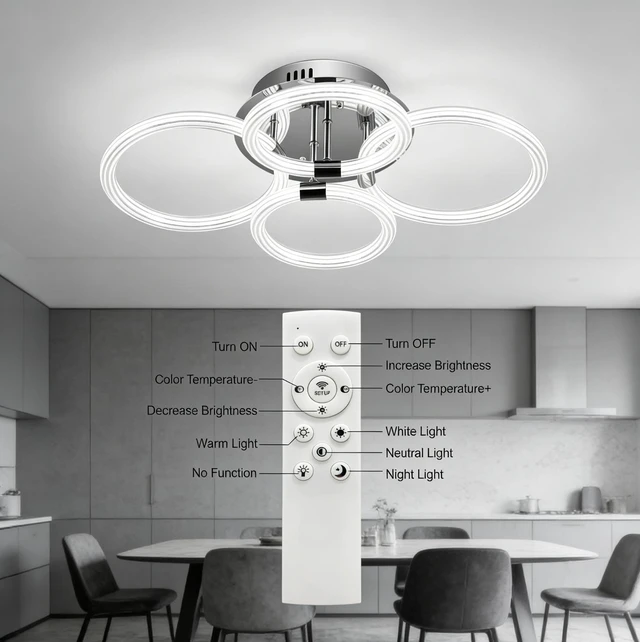 Alt view image 2 of 7 - Heads LED Flush Mount Ceiling, 6 Rings Acrylic Dimmable with Remote for Living Kitchen, Chrome, Glass, Lighting Lamps