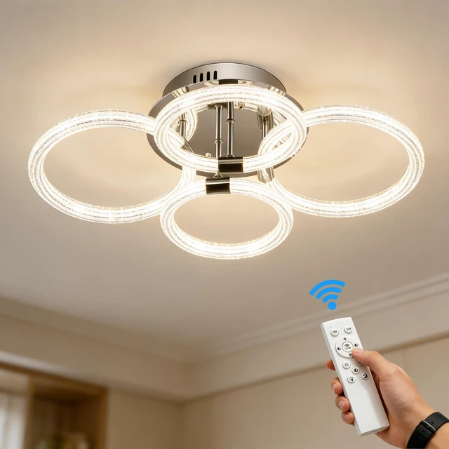 Main image of Heads LED Flush Mount Ceiling, 6 Rings Acrylic Dimmable with Remote for Living Kitchen, Chrome, Glass, Lighting Lamps
