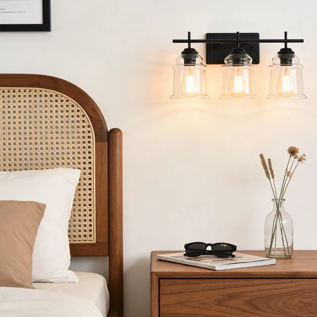 Alt view image 6 of 7 - 3 Light Wall Sconce, Hand Made Clear Glass Satin Shade Socket Living Kitchen Bulb, Black, Glass, Lighting Lamps