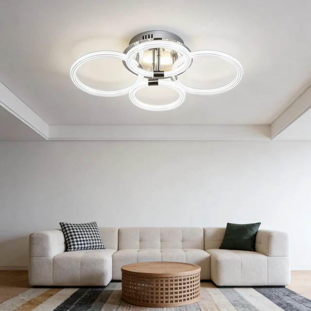 Alt view image 3 of 7 - Heads LED Flush Mount Ceiling, 6 Rings Acrylic Dimmable with Remote for Living Kitchen, Chrome, Glass, Lighting Lamps
