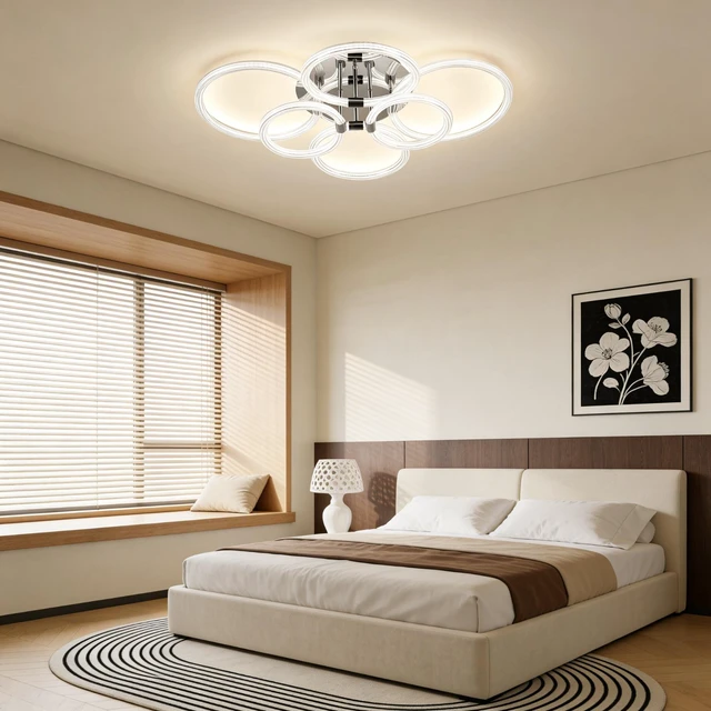 Alt view image 2 of 7 - Heads LED Flush Mount Ceiling, 6 Rings Acrylic Dimmable Remote Control Living Kitchen Lamp, Chrome, Glass, Lighting