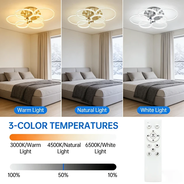 Alt view image 3 of 7 - Heads LED Flush Mount Ceiling, 6 Rings Acrylic Dimmable Remote Control Living Kitchen Lamp, Chrome, Glass, Lighting