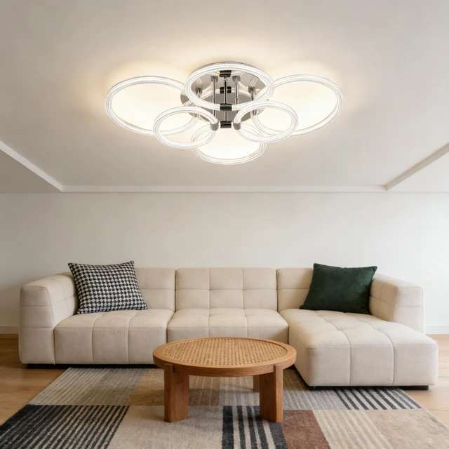 Alt view image 5 of 7 - Heads LED Flush Mount Ceiling, 6 Rings Acrylic Dimmable Remote Control Living Kitchen Lamp, Chrome, Glass, Lighting