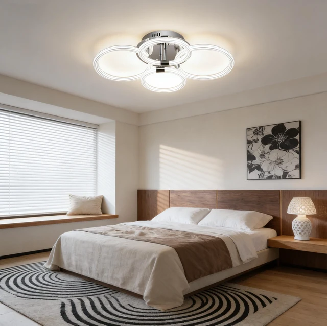 Alt view image 6 of 7 - Heads LED Flush Mount Ceiling, 6 Rings Acrylic Dimmable with Remote for Living Kitchen, Chrome, Glass, Lighting Lamps