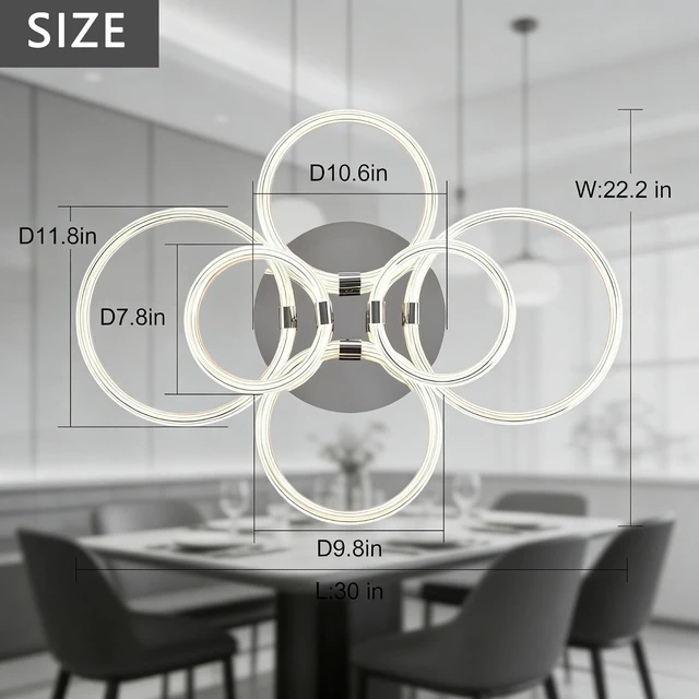 Alt view image 7 of 7 - Heads LED Flush Mount Ceiling, 6 Rings Acrylic Dimmable Remote Control Living Kitchen Lamp, Chrome, Glass, Lighting