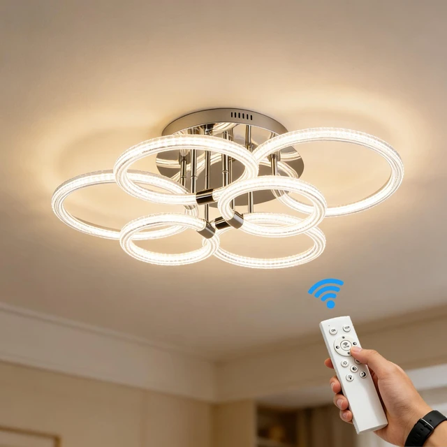 Main image of Heads LED Flush Mount Ceiling, 6 Rings Acrylic Dimmable Remote Control Living Kitchen Lamp, Chrome, Glass, Lighting